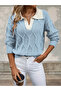 Polo Neck Knitted Patterned Women's Baby Blue Knitwear Sweater - 2