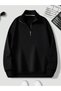 Black Unisex Men/Women Solid Color Stand Collar Half Zipper Cotton Oversize