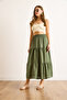 Women's Khaki Layered Draped Midi Woven Skirt Etk-19000313 - 3