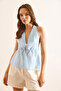 Women's Blue Tie-Up Strap Back Detailed Cotton Blouse Blz-19003070 - 2