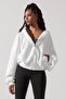 Women's White Hooded Sweatshirt – Zippered 3 Thread Raised Oversize Sports Style - 4