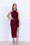 Sequin Sequin Halter Neck Tie-Detail Pencil Long Dress - Bordo