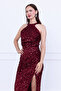 Sequin Sequin Halter Neck Tie-Detail Pencil Long Dress - Bordo - 3
