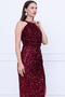 Sequin Sequin Halter Neck Tie-Detail Pencil Long Dress - Bordo - 4