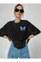 Blue Butterfly Printed Oversize Cotton Combed Fabric Black Tshirt