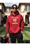 Fingered Printed Hooded Pocket Cotton Red Sweatshirt