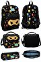 Black Ninja Patterned Four Compartment School Backpack Lunch Bag Pencil Bag