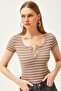 Women's Mink Metal Buttoned Striped Knitted Blouse - 5