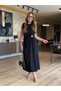 New Season Women's Zero Sleeve Crew Neck Waist Gathered Slit Detailed Janjan Crepe Dress - 4