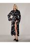 Women's Bride Black Patterned Flounced Special Design Dressing Gown Long Silky Satin Kimono - 3