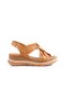 Linyas Tan Genuine Leather Summer Sandals Wedge Heels Velcro Shoes - 5