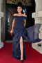 Glitter Fabric Gathered Detailed Fish Evening Dress - Dark Blue - 2
