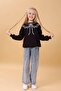 Girl's Crew Neck Printed Hooded Winter Sweatshirt - Black - 6