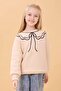 Girl's Crew Neck Printed Hooded Winter Sweatshirt - Stone - 3