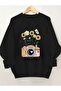 Smile Flower Hoodie Printed Crew Neck Black Sweatshirt
