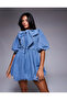 Women's Plus Size Blue, Bow Detail, Backless, Balloon Skirt, Denim Dress 65N39018