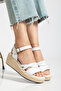 White Genuine Leather Straw Sole Wedge Heel Sandals - 2