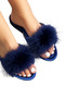 Women's Navy Blue Heelless Feathered Dowry Bridal Gift House Slippers Vr.G01.80C.Y01