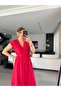 Women's V-Neck Button Detail Belt Included Dress - 6