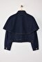 Özel Koleksiyon Koyu Mavi Çıkarılabilir Pelerinli Denim Panço Ceket TWOAW26CE00001 - 10