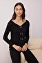 Black Polka Dot Ribbon Detailed Ribbed Knitted Pajama Set Thmaw26Pt00071