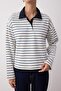 Ekru Çizgili Dokuma Yaka Detaylı Patlı Oversize Esnek Örme T-shirt/Sweatshirt TWOAW26TS00004 - 7