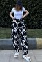 Women's Black Elastic Waist, Pockets, Patterned Gabardine Fabric, Loose Trousers - 3