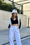 Women's White Drawstring Model Elastic Waist, Pocket, Wide Leg, Loose Gabardine Trousers - 4