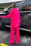 Women's Fuchsia Gofre Fabric, Double Pocket Shirt & Wide Leg Pants - Loose Top & Bottom Set - 7