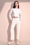 Women's Ecru Modern Style Soft Textured Elastic Waist Pocket Trousers