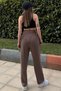 Women's Brown Elastic Waist, Pocket, Pleated Leg, Loose Trousers - 2