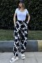 Women's Black Elastic Waist, Pockets, Patterned Gabardine Fabric, Loose Trousers