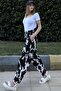 Women's Black Elastic Waist, Pockets, Patterned Gabardine Fabric, Loose Trousers - 2