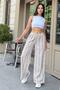Women's Powder & Ecru Striped, Elastic Waist, Wide Legs, Loose Linen Trousers - Suitable for Hijab - 3