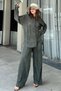 Women's Dark Green Long Tunic Shirt & Elastic Waist, Wide Leg Trousers - Loose Wrap Suit - 5