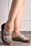 Daily Women's Silver Slippers Double Buckle Stone Bead Detailed Stitched Orthopedic Cork Sole 34155 - 2