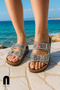 Daily Women's Silver Slippers Double Buckle Stone Bead Detailed Stitched Orthopedic Cork Sole 34155 - 4