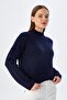 6854 Women's Stand Collar Whole Crop Knitwear Sweater Navy Blue - 3