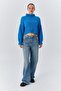 6883 Women's Ruffle Detail Crop Knit Sweater Blue - 2