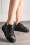 Daily Unisex Black Sports Shoes Vegan Leather Lace-Up Lightweight Thick High Sole Walking Sneaker 628