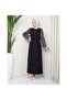 Round Patterned Chiffon Sleeve Tuğba Model Dress - Black Black - 2
