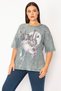 Women's Large Size Colored Washed Fabric Front Printed Blouse 65n28366