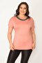 Women's Large Size Salmon One Shoulder Blouse with Glitter Detail on the Collar 65n30449 - 3