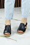 Saules Plus Black Genuine Calfskin Cutout Detailed Rubber Band Thick Heeled Sandals - 3