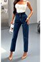 Women's Dark Blue Belt Tight Elastic Mom Jeans Pants