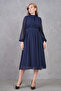 Lined Chiffon Fabric Long Sleeve Stand Collar Flared Cut Midi Length Navy Blue Chiffon Dress 094