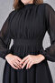 Lined Chiffon Fabric Long Sleeve Stand Collar Flared Cut Midi Length Black Chiffon Dress 094 - 5