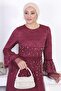 Pearl Lace Flounce Sleeve Evening Dress Burgundy 12213 - 2