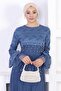 Pearl Lace Flounce Sleeve Evening Dress Indigo 12213 - 2