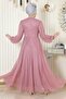 Pearl Detailed Draped Glittery Evening Dress Dusty Rose 19189 - 5